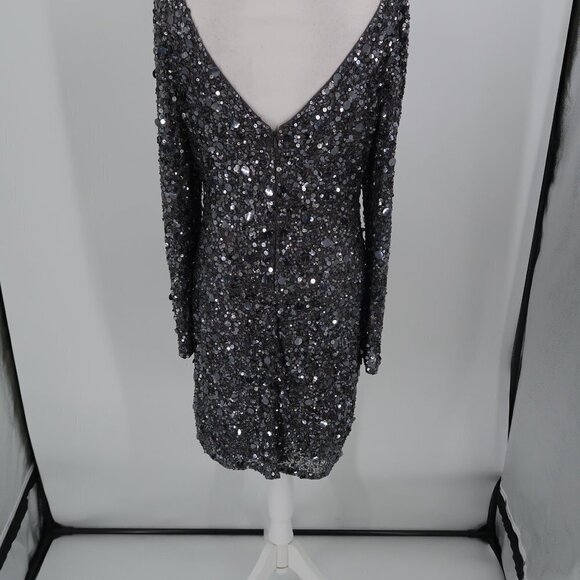 Aidan Mattox Silver Fully Sequined Long Sleeve Cocktail Dress Size 10 - Picture 12 of 13